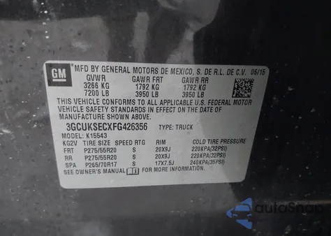 2015 Chevrolet Silverado 1500 1Lz z USA, uszkodzony, nr VIN 3GCUKSECXFG426356